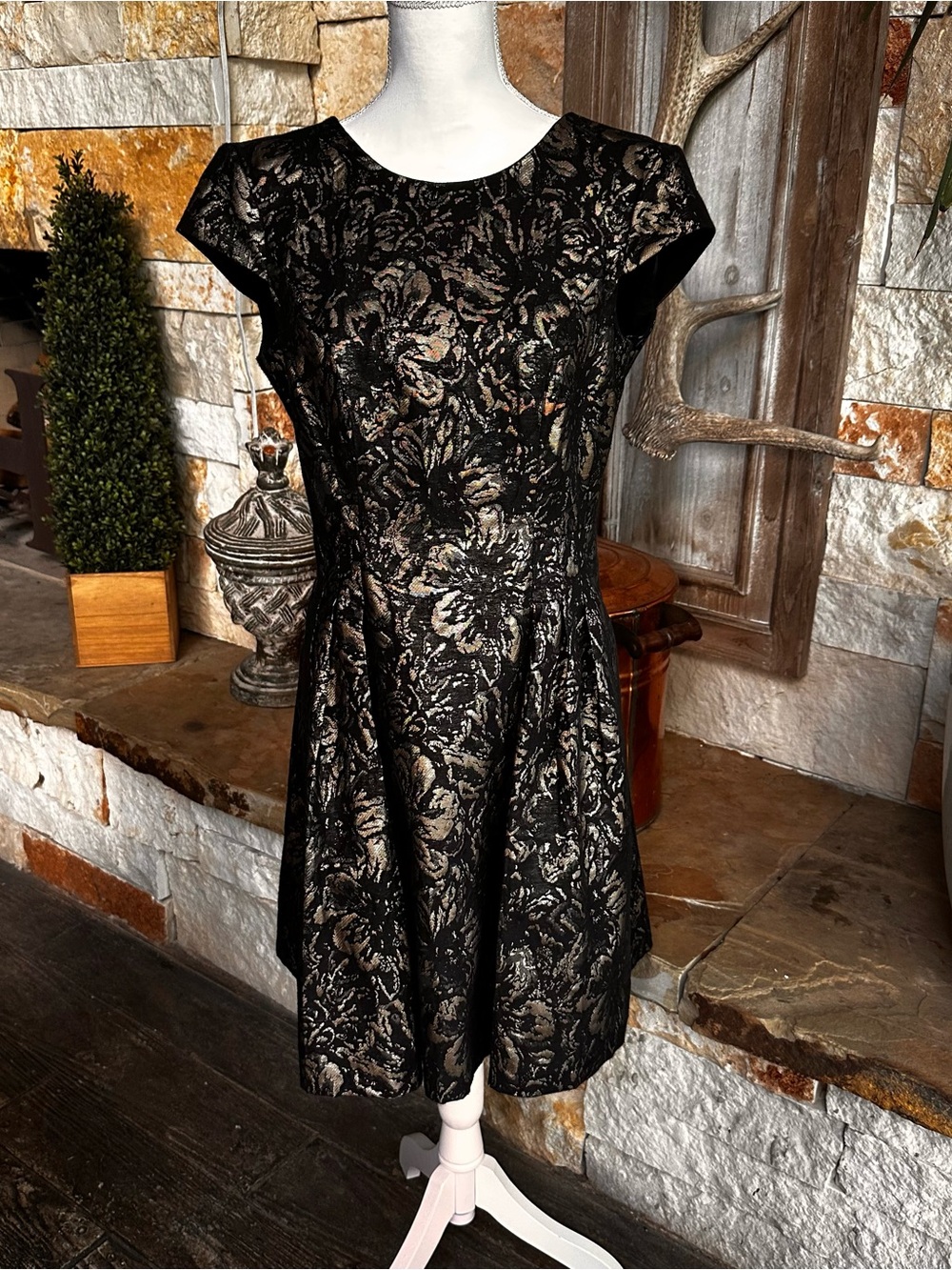 Sandra Darren Black and Gold Floral Fit-and-Flare Mini Dress